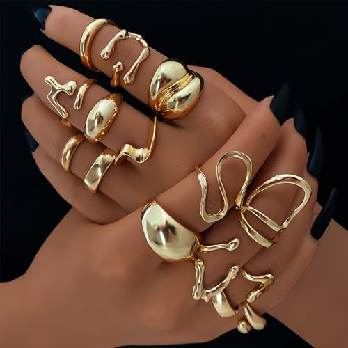 IFKM Gold Chunky Rings Set for Women 14k Gold Plated Thick Dome Stackable Open Rings Trendy Dainty Minimalist Jewelry Gifts - color: Gold, style: Irregular