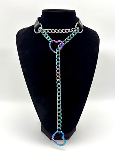 Black Leather Choker Collar For Women, Handmade Heart Slip Chain Choker Long Necklace with Adjustable Buckle - color: B-Black-Rainbow-Rainbow, size: 18''chain