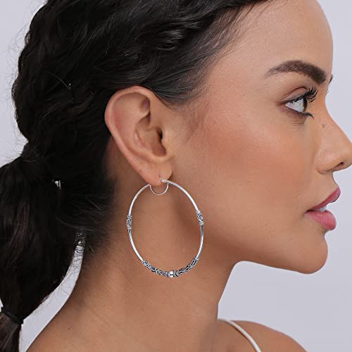 LeCalla 925 Sterling Silver Large Hoop Earrings | Lightweight Antique Bali Hoops | Two-Tone Bohemian Oxidized Balinese Earrings for Women - color: BIG Bali Beaed-60mm