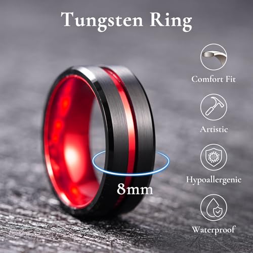 King Will Mens Tungsten Rings for Men Two Tone Grooved Mens Wedding Band Cool - color: Red & Black 8mm