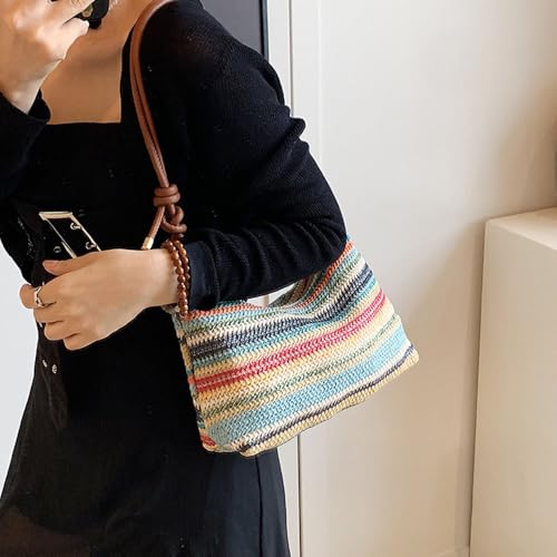 Women's Woven Beach Shoulder Handbag Colorful Straw Tote Bag Summer Vacation Crossbody Bag - color: 1343colorful