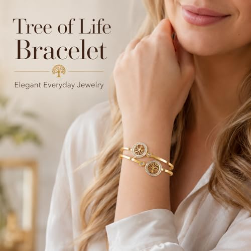 Gold Tree of Life Bangle Bracelet for Women, 18K Gold Plated Stainless Steel Double Layer Spring-Open Bangle, Meaningful Dainty Jewelry Gift - color: TREE GOLD