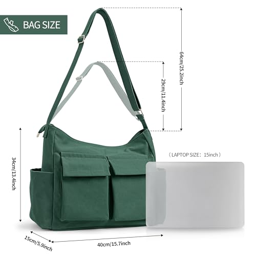 KALIDI Canvas Tote Bag Large Hobo Crossbody Shoulder Handbag Zipper Messenger Bag for Women or Men Casual College Work - color: Upgraded Dark Green