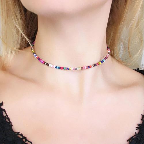 PINK TOWN Colorful Beaded Necklace Bohemian Rice Beads Choker Handmade Summer Beach Necklace for Women - color: Colourful