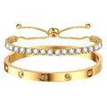 MPRAINBOW 2pcs 18K Gold Plated Chain Link Bracelet, Stainless Steel Crystal Friendship Bracelets Bangle,Watch Band Chains Wristband Jewelry with Adjust Tool - color: Gold Set - E