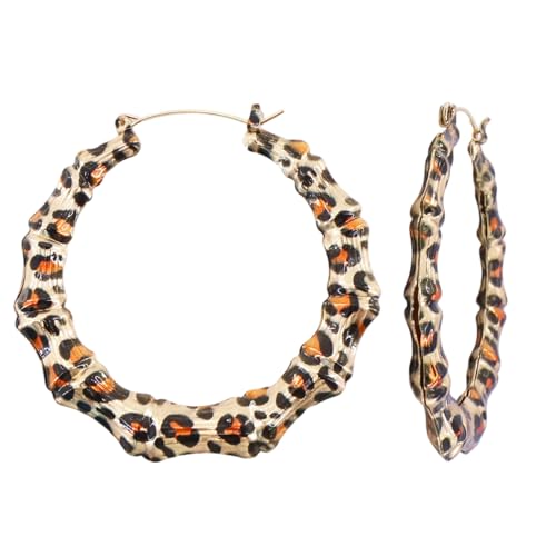 Bamboo Hoop Earrings, Large Hip Hop Bamboo Earrings for Women Silver Plated Statement Oversized Bamboos Hoop Earrings Set for 80s 90s Rapper Accessories Daily Wear Fashion Party - color: Leopart, size: 90m