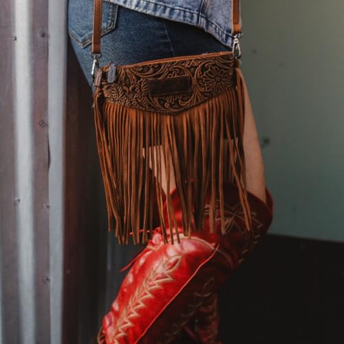 Wrangler Crossbody Small Purse for Women Wristlet Fringe Bag Western Purse - color: Angel Brown