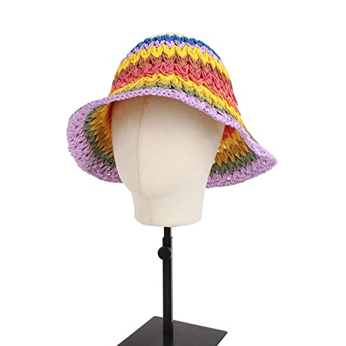 Women Straw Sun Hat Floral Woven Crochet Bucket Hat Y2k Aesthetic Accessories Beach Hat Hand Woven Boho Foldable Cap - color: Striped B