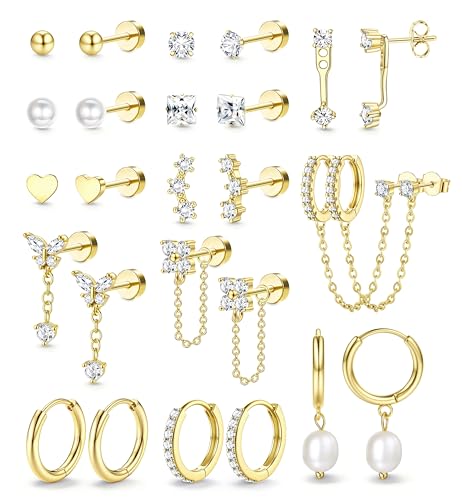 LOLIAS Hypoallergenic Flat Back Earrings Set for Women-Surgical Stainless Steel Earrings for Sensitive Ears-14K Gold Plated Chain Cartilage Earring Stacks Flatback Stud Hoop Earring Sets for Multiple Piercing Jewelry - color: Gold
