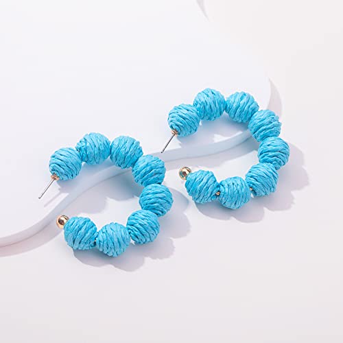 Raffia Hoop Earrings Statement Boho Beaded Earrings Cute Rattan Handmade Colorful Jewelry for Women Unique Summer Outfits - color: Blue