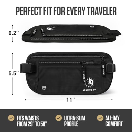 VENTURE 4TH Money Belt for Travel – Slim Hidden Under-Clothes RFID Blocking Anti-Theft Passport Holder & Travel Wallet Pouch for Men & Women to Protect Cash, Cards & Documents (Pure Black) - color: Pure Black