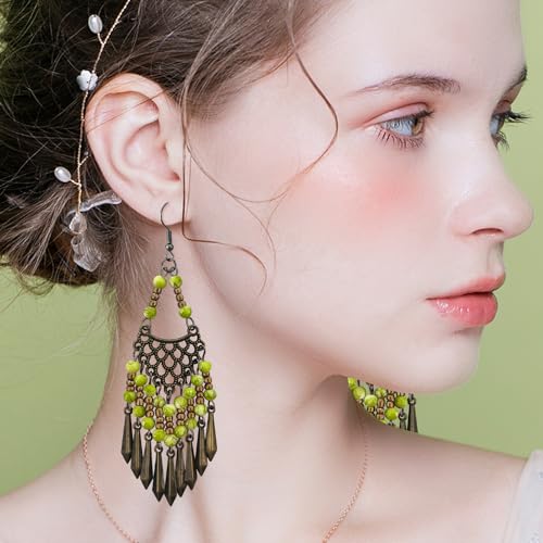 Handmade Vintage Bronze Bohemian Long Tassel Colorful Bead Dangle Drop Earrings Big Tribal Chandelier Geometry Hook Earrings for Women Statement Jewelry Gifts - color: Bright Green