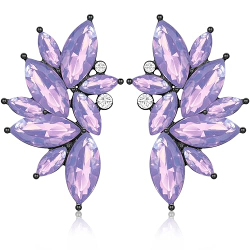 Bohemian Statement Sparkly Colourful Fancy Rhinestone Crystal Flower Dangle Drop Stud Earrings Vintage Wedding Bridal Prom Earrings for Women - color: Light Purple