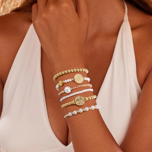 VIBILIA Gold Beaded Bracelets Set for Women 14K Gold Plated Dainty Pearl Cross Bracelet Stack Stretch Bracelet Set Fashion Accessories Gifts - color: 6P-6146K1-White