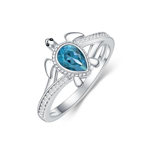 Sea Turtle Ring for Women 925 Sterling Silver Pear Shaped Birthstone Ocean Statement Ring for Ladies - color: London Blue Topaz