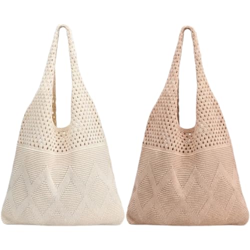 2/4 Pcs Crochet Mesh Beach Tote Bags, Summer Aesthetic Boho Knit Bag for Women Casual Vacation Essentials - color: Beige + Khaki