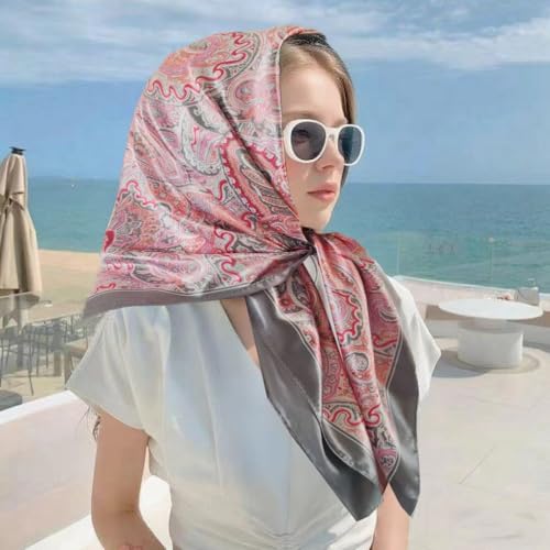 Hexchasty 35”Head Scarf Satin Silk Like Hair Scarf Large Square Head Scarves Bandana Head Wraps Headscarfs for Women Green - color: C-pink Grey