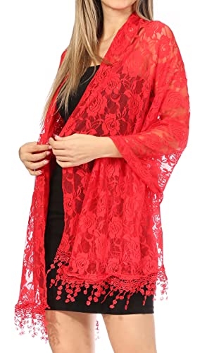 Sakkas Mari Women's Large Lightweight Soft Lace Scarf Wrap Shawl Floral and Fringe - color: Rosered