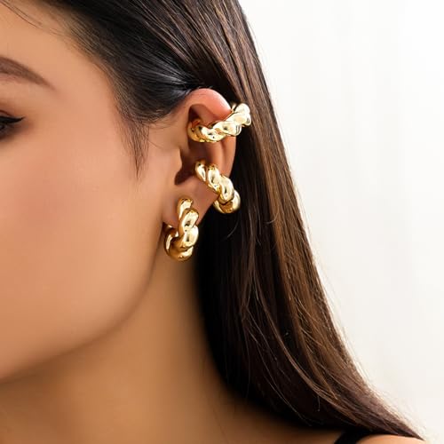Gold Ear Cuff Earrings for Women Non Piercing 14K Gold Plated/Silver Cuff Clip On Cartilage Hoop Shining Cubic Zirconia Twisted Chain Ear Clip On Earring for Women Chunky Ear Cuffs Earrings - color: C-gold