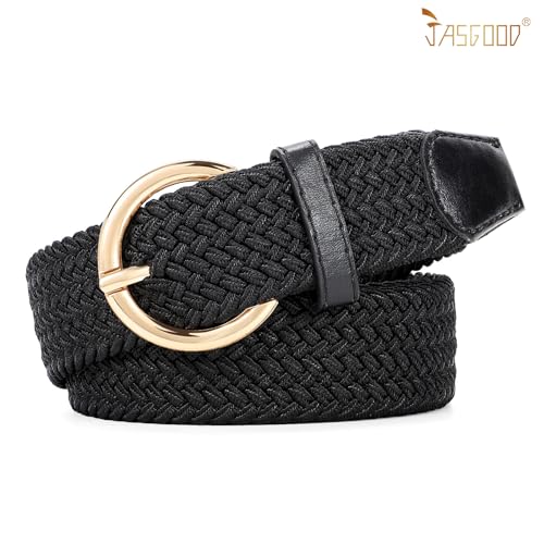 JASGOOD Women Men Braided Woven Elastic Stretch Waist Belt Golf Canvas Fabric Casual Belt for Jeans Pants - color: C-black, size: Fit Size 24"-27"
