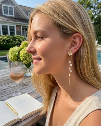 MUMREUES Gold Earrings for Women Trendy 14k Gold Plated Cubic Zirconia Flower Dangle Earrings Hypoallergenic Dainty Pearl Drop Chain Earrings Jewelry Gifts for Her - color: Flower & Gold