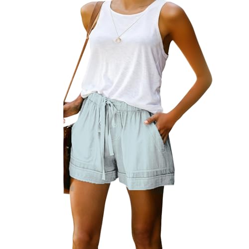 Womens Drawstring Shorts Summer Beach Elastic Waist Casual Lightweight Vintage Coffee Date Shorts with Pockets 2025 - color: Blue, size: Medium