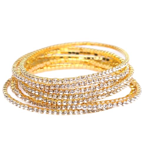 14K Gold Plated Dainty 10Pcs Colorful Cubic Zircon Crystal Beaded Adjustable Stackable Stretch Sparkling Tennis Chain Bracelet Set Birthday Wedding Jewelry for Women - color: gold