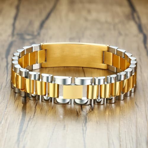 Custom Mens Bracelet Personalized Watch Band Engraved Name Bracelets for Men Customized ID Cuff Wristband Gift for Dad Husband - style: Gold&Silver-1.5cm
