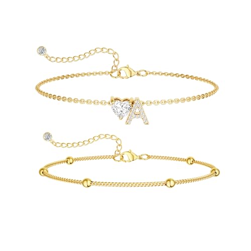 CAROVO Gold Ankle Bracelets for Women Waterproof 14K Real Gold Plated CZ Initial Anklet for Women Dainty Layered Letter A-Z Heart Ankle Bracelets Handmade Adjustable Anklet Summer Beach Jewelry - style: A1