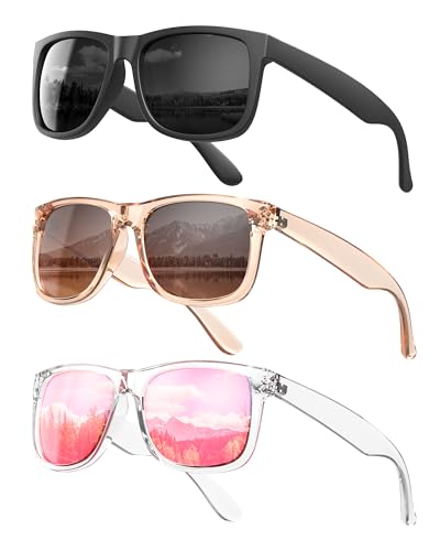 KALIYADI Womens-Sunglasses Polarized-Sunglasses for Women: Retro Trendy Sun Glasses With UV400 Protection for Driving Travel - color: (3 Pack) Black/Crystal Brown/Pink