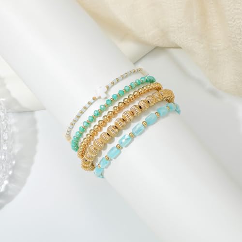 Dainty Gold Plated Pearl Crystal Beaded Bracelets Set for Women 14K Gold Plated Bead Pearl Beads Bracelet Stackable Paperclip Link Chain Bracelets Gold Plated Bracelets for Women Trendy Jewelry - color: Style4-gold bracelets set5