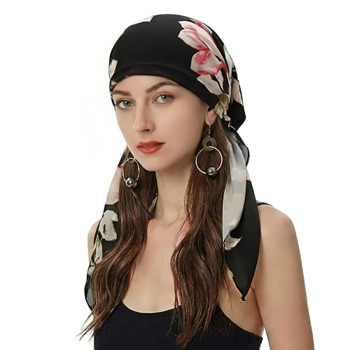 ZLYC Chemo Headwear Pre Tied Head Scarf Headwraps Lightweight Turban Beanie Cap for Women - color: Flower Leaves Black