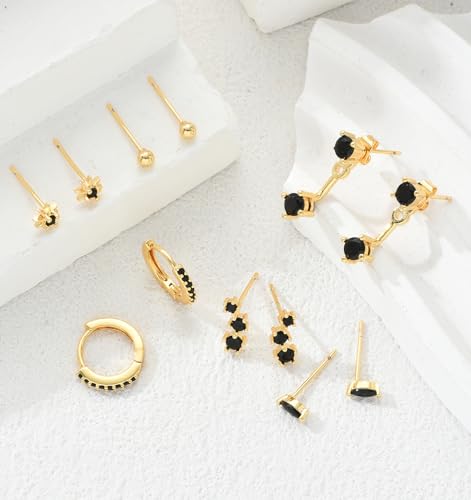 6 Pairs 14K Gold Plated Stud Earrings for Women, Hypoallergenic Cartilage Earrings for Multiple Piercing, Dainty Small Stackable Earrings Set for Jewelry Gift - color: Black-CZ-6 Pairs