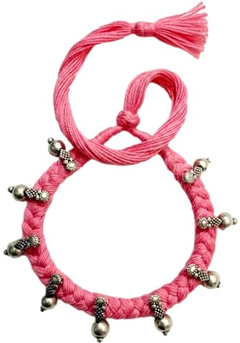 athizay Boho Charm Thread Choker Necklace – Braided Bohemian Choker with Oxidized Silver Dangle Charms | Handmade Boho Jewelry for Women - color: Soft Pink, Silver