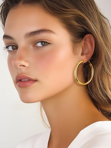 Stainless Steel Chunky Hoop Earrings For Women, Minimalist and Chic, Black/Gold Plated, Round Hoops Earrings Hypoallergenic, Size: 30mm/40mm/60mm/80mm, Come with Box - color: 1. Gold, size: 60MM