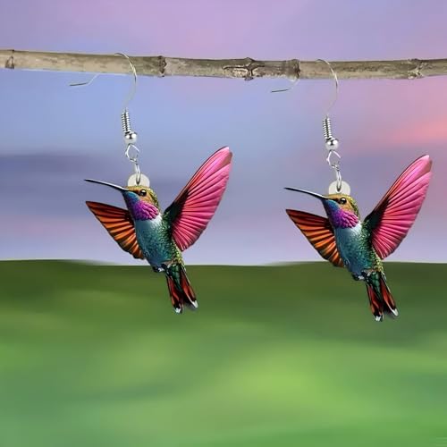 Hummingbird Necklace Earrings Set for Women Cute Colorful 2D Bird Pendant Necklace Acrylic Hypoallergenic Dangle Earrings Trendy Jewelry for Bird Lovers - color: Red