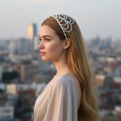 1920s Pearl Headpiece White Pearl Cap Headpiece Roaring 20s Headbands for Women Pearls Beaded Cap Head Piece Head Chain Hair Accessories, for Wedding Bridal Cosplay Halloween Art Decor Party