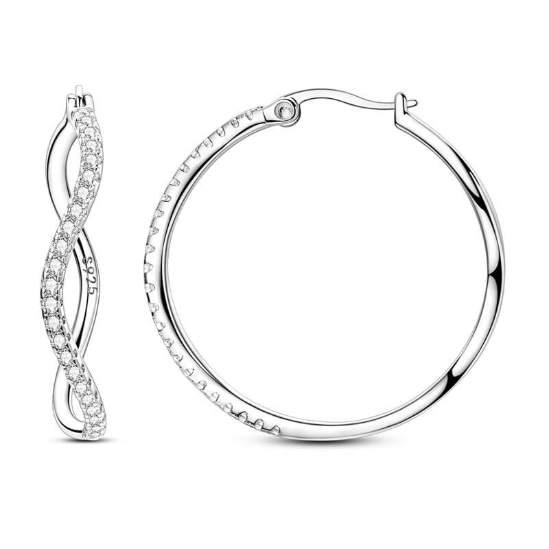 Parmuz 925 Sterling Silver Earrings Hoops for Women Ladies Simple Lightweight Twisted Medium Hoop Earrings With Cubic Zirconia Hypoallergenic Jewelry for Her - color: black