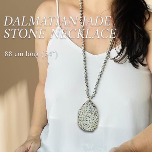 Long Genuine Stone beads and Pendant Necklace for Woman. Hand Knotted natural stone beads with big non-precious stone statement necklace. HANDMADE Boho Jewelry for women. - color: Spotted black and beige