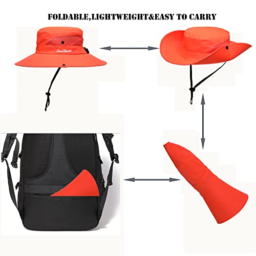 Womens Summer Sun Hat Beach Hat Wide Brim Outdoor UV Protection Hat Foldable Cool Mesh Ponytail Bucket Hat - color: Pure Orange