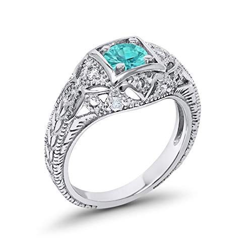 Blue Apple Co. Art Deco Ring Round Cubic Zirconia Leaf Filigree Design Split Shank Twisted Band Bridal Statement Wedding Engagement Rings For Women 925 Sterling Silver Gifts For Her - color: Simulated Paraiba Tourmaline CZ