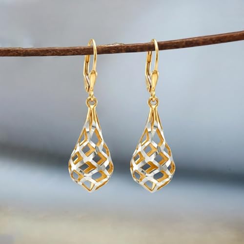 LeCalla 925 Sterling Silver Filigree Dangle Earrings for Women | Gold, Rose Gold & Rhodium Plated Diamond-Cut Filigree Drop Earrings | Lightweight Earrings Jewelry Gift - color: Yellow-Gold Diamond-Cut Teardrop
