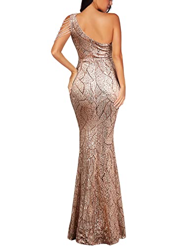 Women One Shoulder 1920s Plus Size Formal Dress Tassels Sleeve Sequins Gatsby Maxi Evening Gown - color: A-gold, size: Small