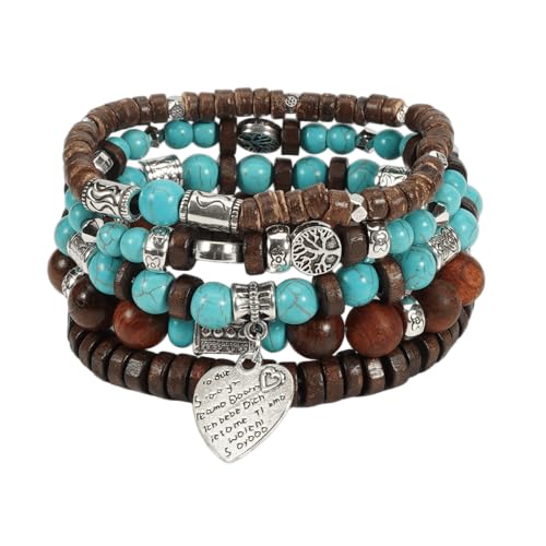 COLORFUL BLING Boho Turquoise Wooden Beaded Stretch Bracelets Stackable Turtle Butterfly Elephant Shell Heart Charms Bracelet for Women Men Western Jewelry Gifts - style: Set 3