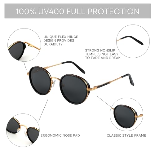 ZENOTTIC Retro Round Polarized Steampunk Sunglasses for Men Women-Circle Vintage Design Metal Frame UV400 Shades - color: C05 Gold Frame Grey Lens