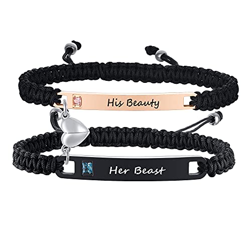 MEALGUET Personalized Couple Bracelet Customized Couple Bracelets Set Mutual Attraction Custom Name Relationship Bracelet Personalized Gift for Men Women - style: His Beauty/Her Beast-heart magnetic