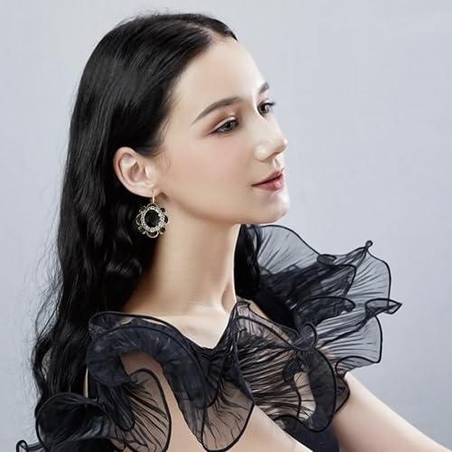 Handmade Bohemian Vintage Gold Sparkly Crystal Round Flower Leverback Earrings Cute Rhinestone Geometry Dangle Drop Earring for Women - color: Black