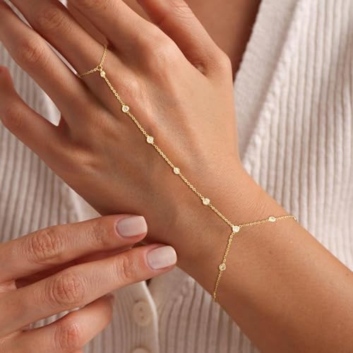 Risamil 14K Gold Plated Hand Chain Bracelets for Women Trendy, Dainty 2PCS Ring Bracelet Hand Chain Finger Bracelets Layered Stackable Link Bracelets for Women Jewelry Gifts for Women - color: CZ-Gold