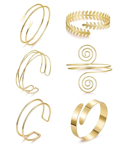 6PCS Gold Arm Cuff for Women Upper Arm Cuff Bracelets Adjustable Open Cuff Bangle Bracelet Minimalist Coil Swirl Upper Arm Bands Armband Set - style: Style C