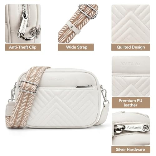 Vantamo Premium Quilted Crossbody Bags for Women with Anti-Pickpocket Clip, Vegan Leather Handbags, Travel Purses for Women - color: White With Jacquard Strap